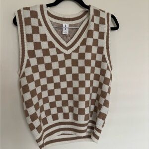 Abound V-Neck Checkered Sweater Vest in Brown and Cream